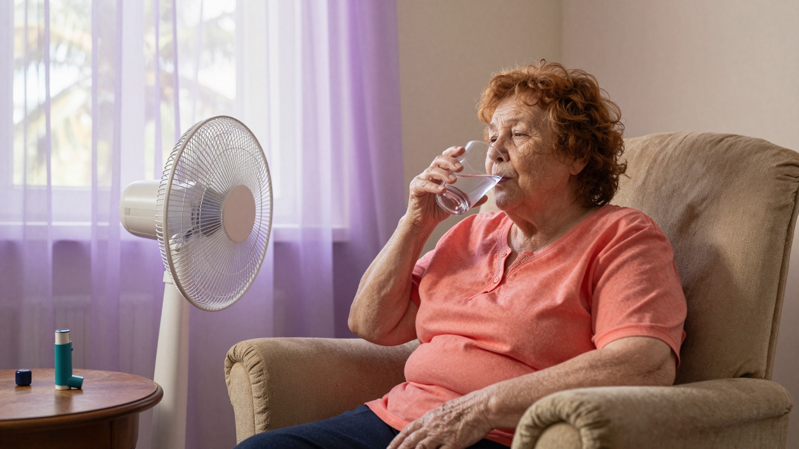 An older woman sips water in an armchair beside a floor fan, with sheer curtains drawn against the summer sun and an inhaler on the side table