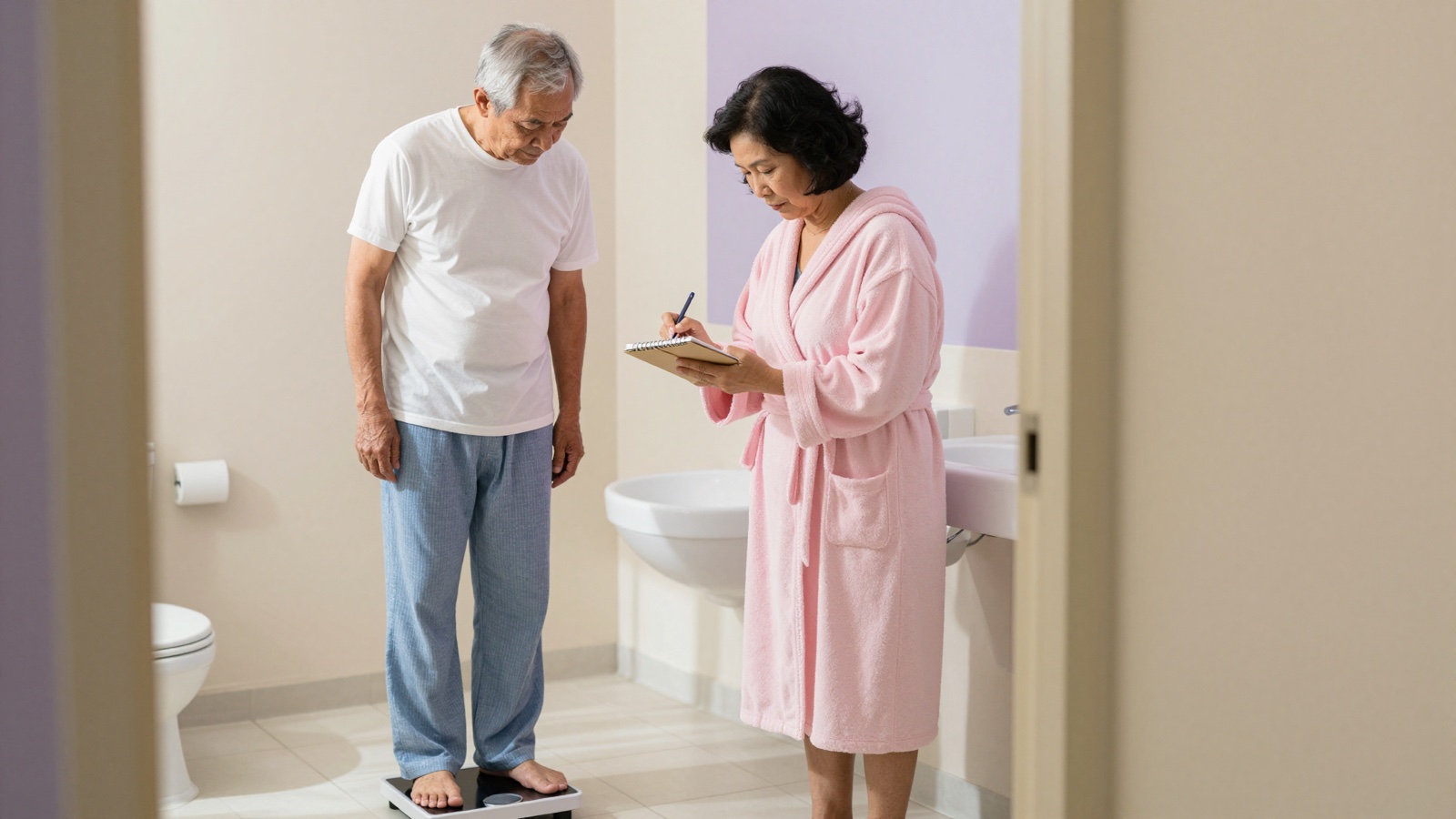 An older man stands on a bathroom scale in the morning while his wife writes the number in a small notebook