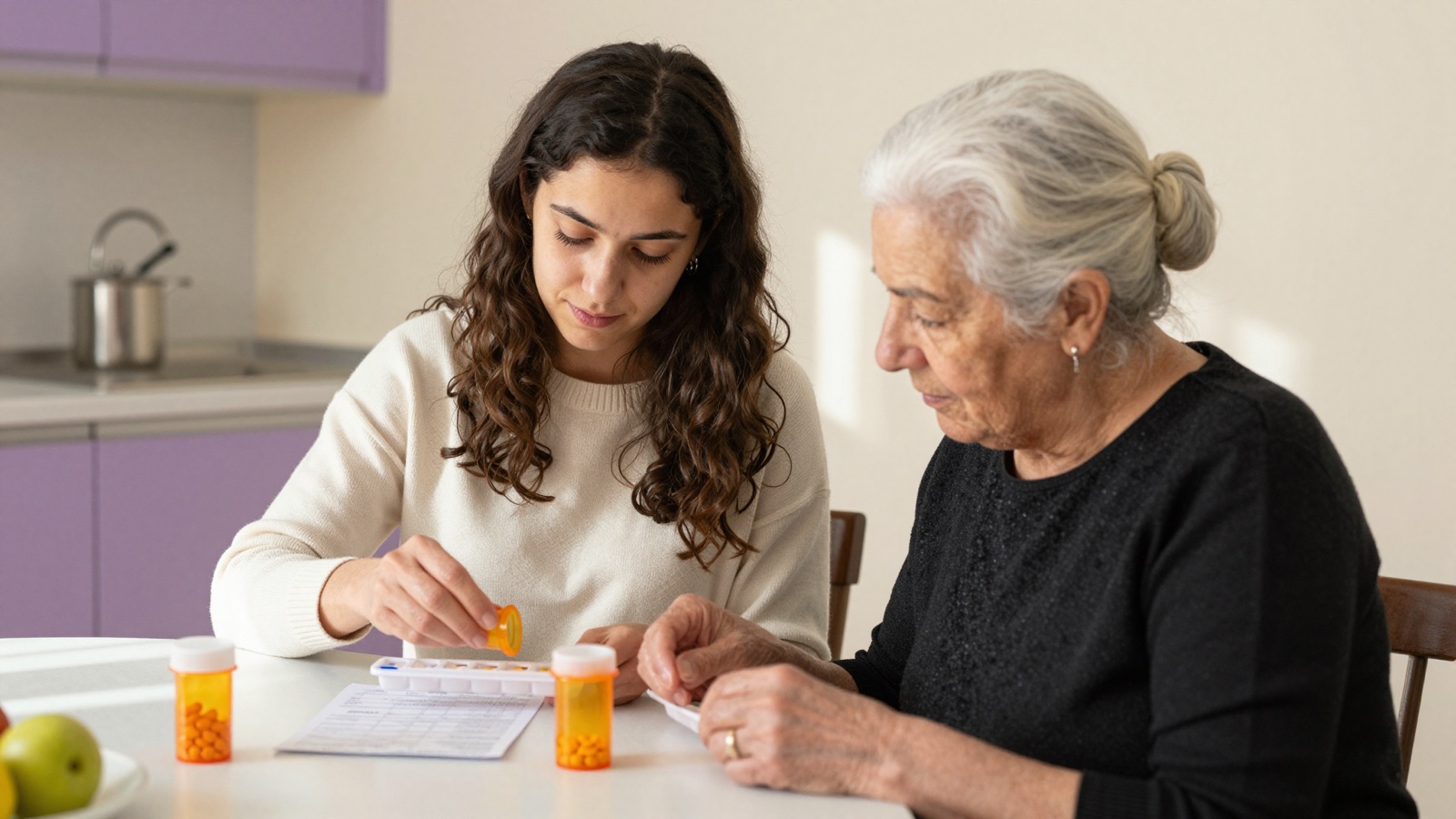 A granddaughter and her grandmother fill a weekly pill organizer at the kitchen table, following a printed medicine list