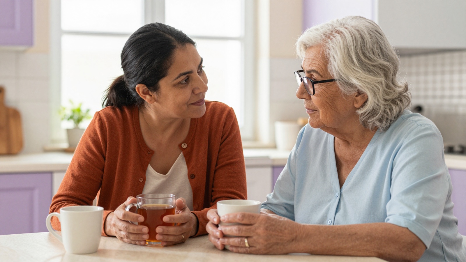 An adult daughter listens to her mother, who holds a mug of tea with both hands, as they talk at the kitchen table