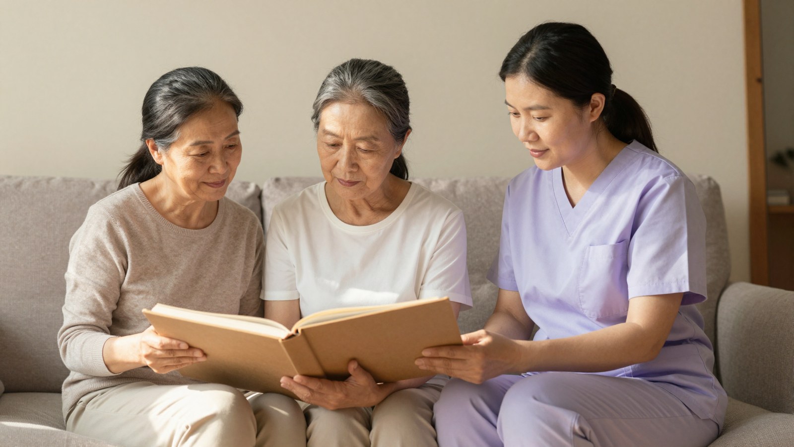 A nurse, an older woman, and her daughter look through a photo album together on the sofa