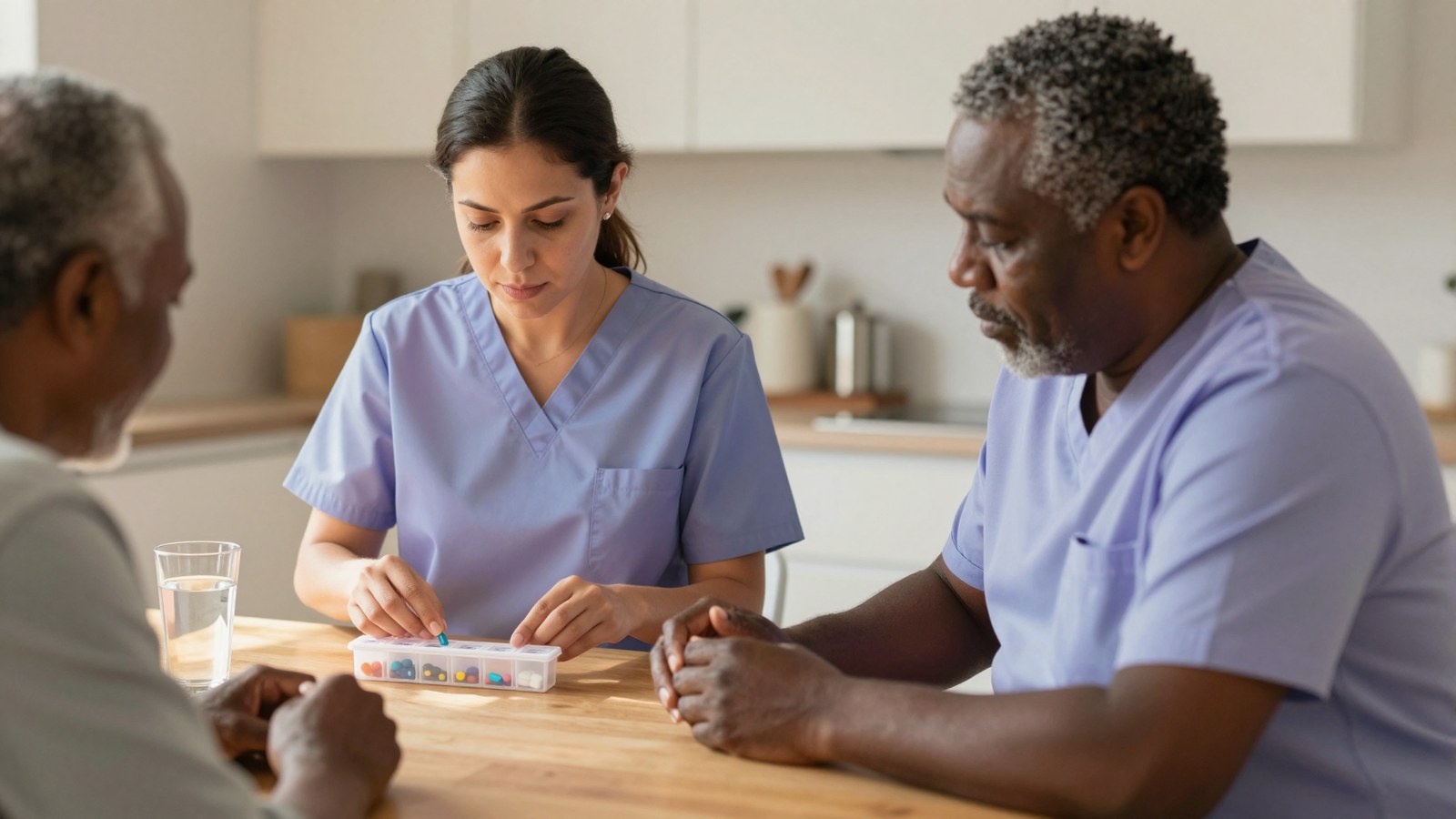 A home health nurse sorts medicines into a weekly organizer with an older man