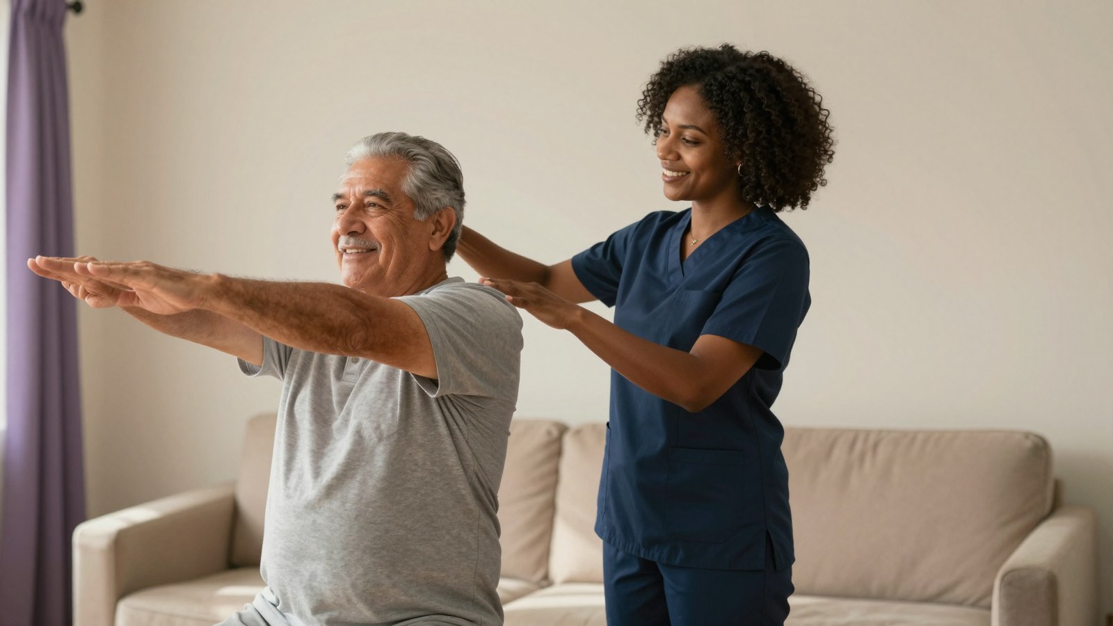 A physical therapist leads an older man through large movement exercises in his living room