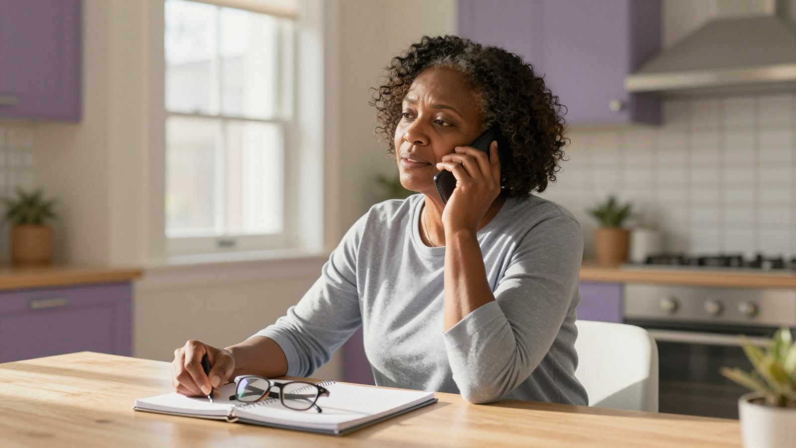 A woman at her kitchen table makes a phone call, looking relieved