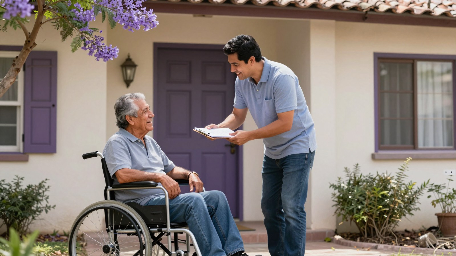 A man in a wheelchair is welcomed home at his front door by his son