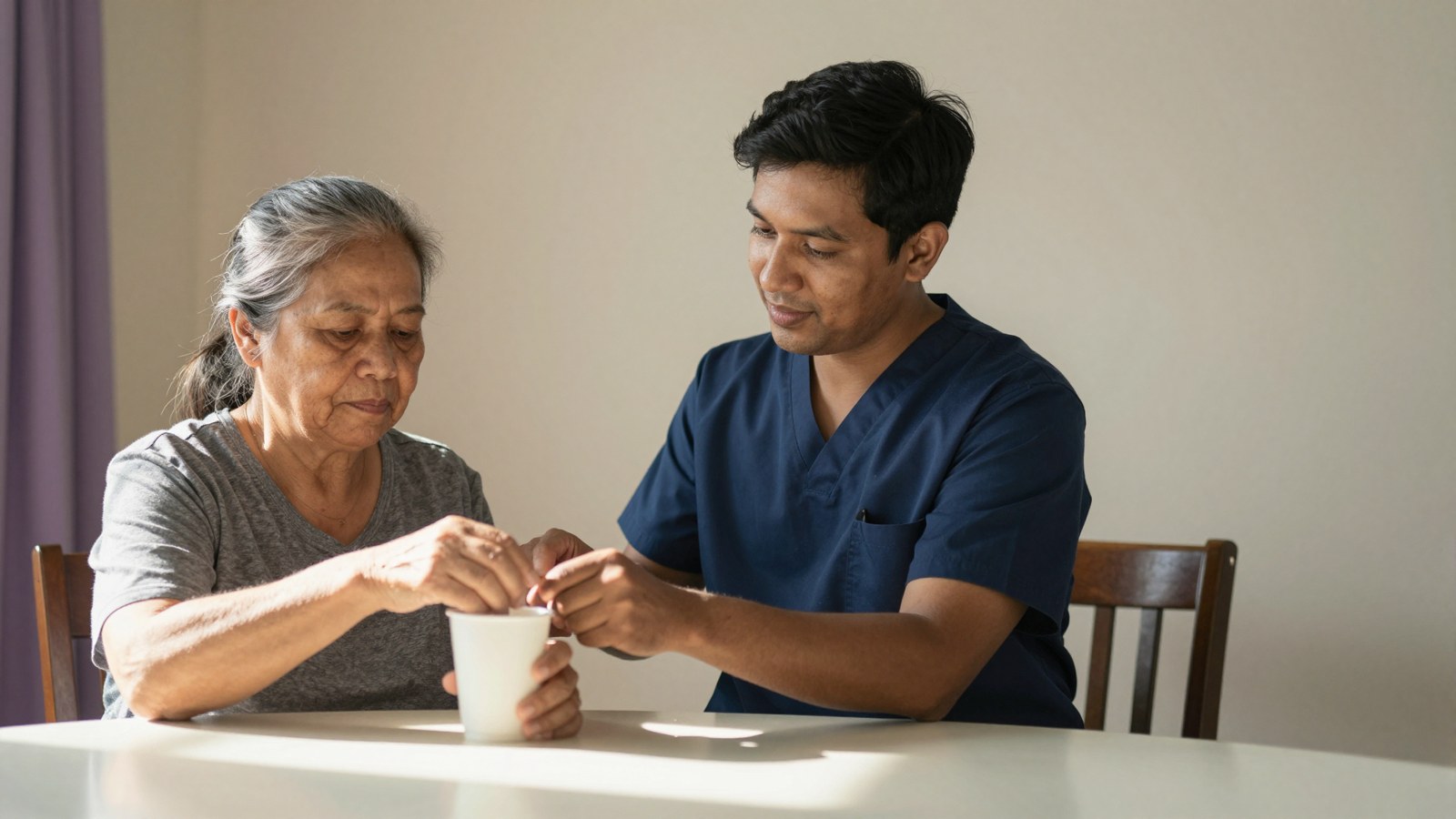 An occupational therapist helps an older woman practice lifting a cup after a stroke