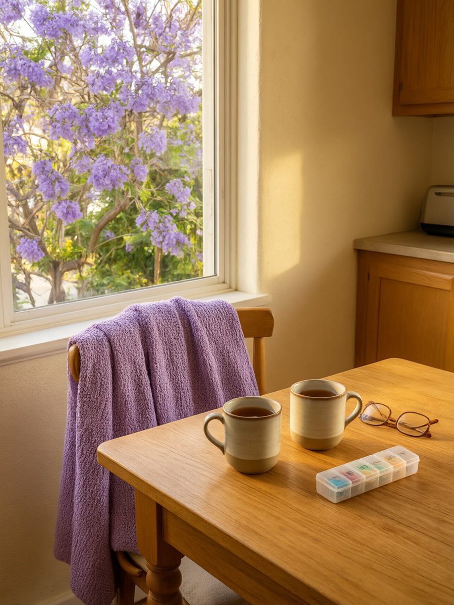 Two mugs of tea, reading glasses, and a pill organizer on a kitchen table