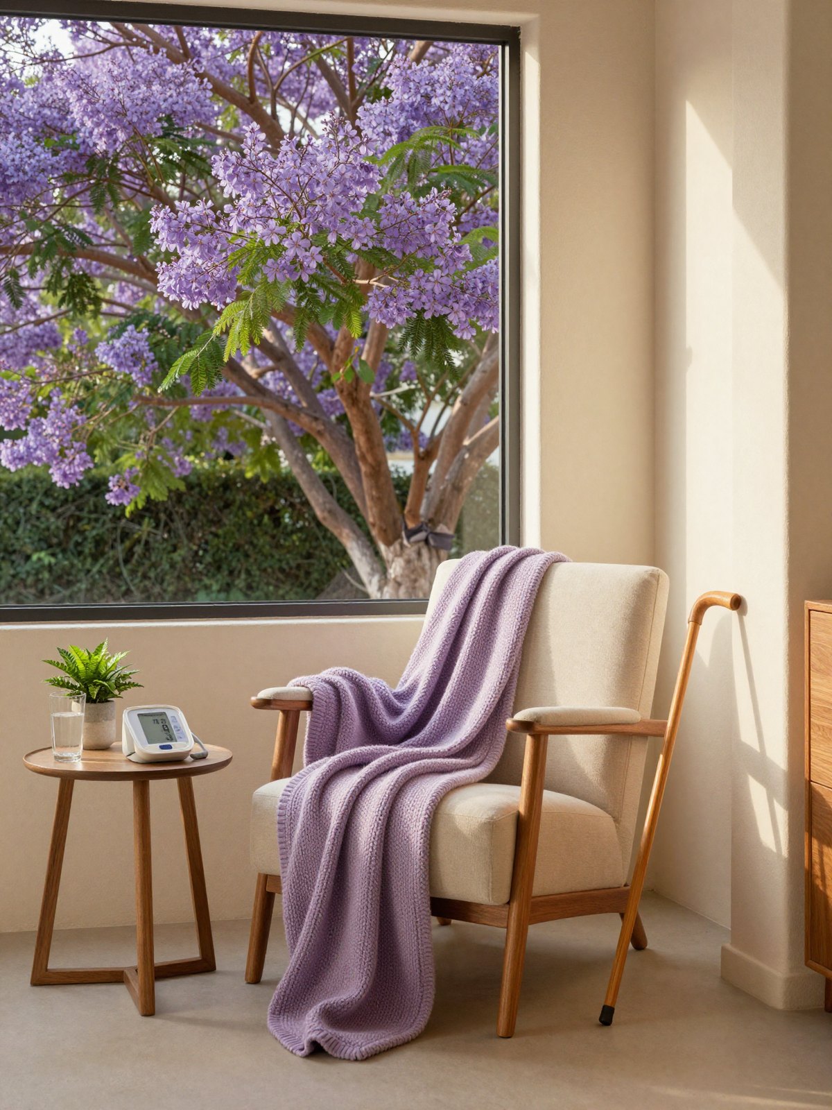 A sunlit living room with an armchair, a lavender blanket, a walking cane, and a blood pressure monitor ready for a home health visit