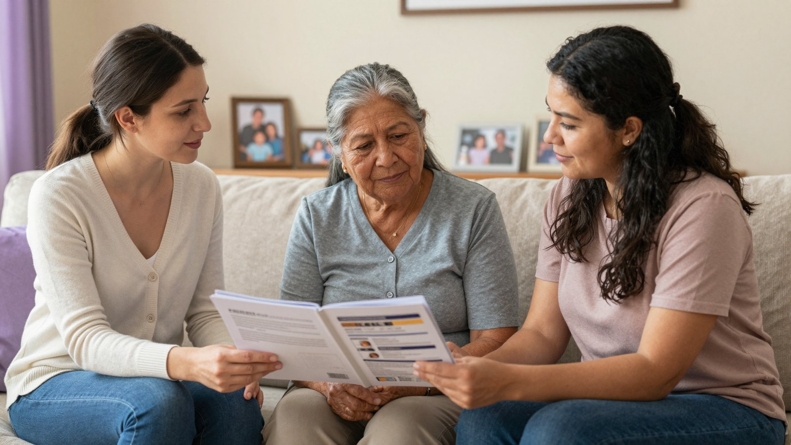 A medical social worker sits on a sofa with an older woman and her daughter, a folder of brochures open between them