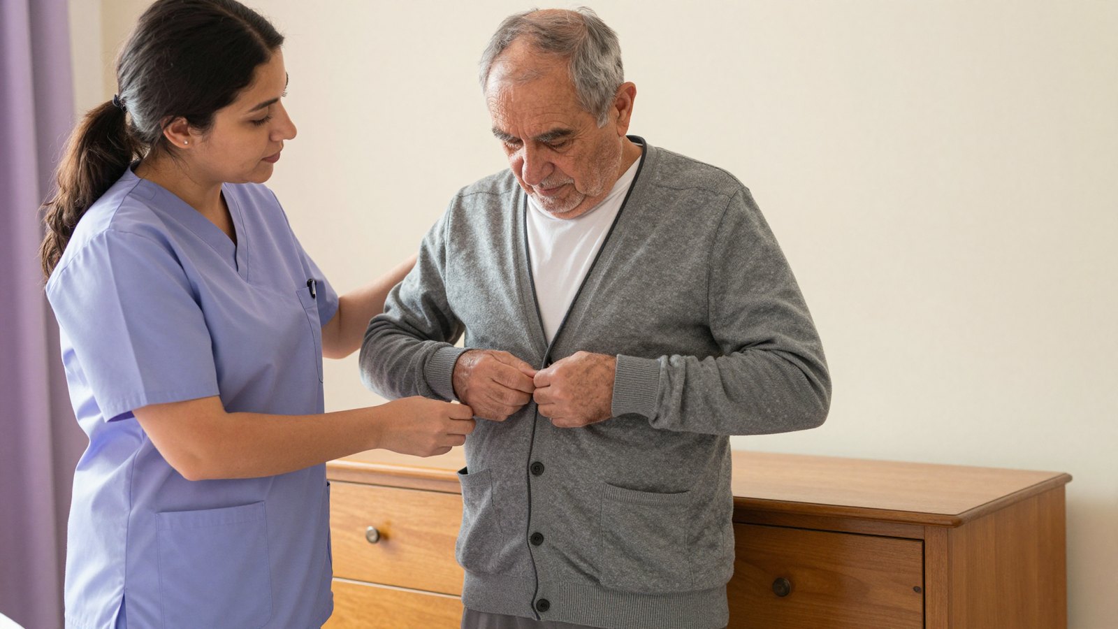 An occupational therapist watches closely as an older man buttons his cardigan himself at his bedroom dresser