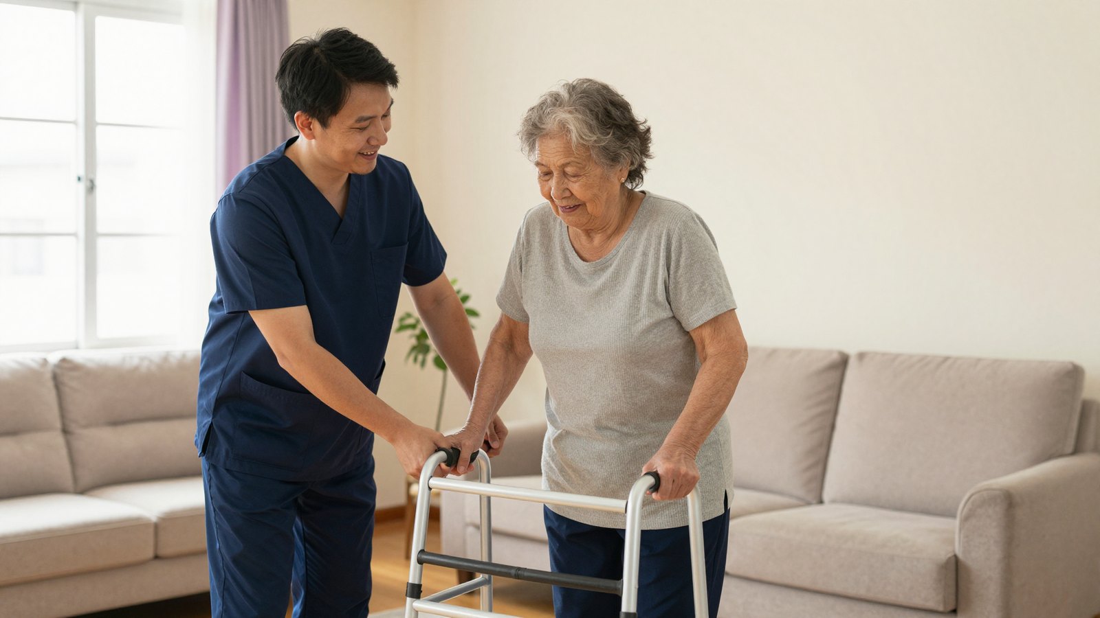 A physical therapist stands beside an older woman as she practices standing up from a chair with her walker