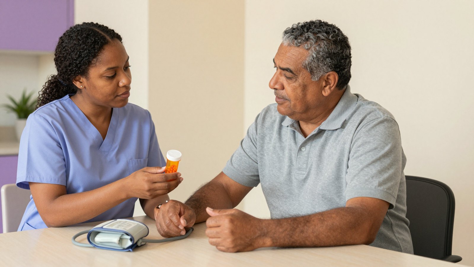 A home health nurse reviews pill bottles with an older man at his kitchen table