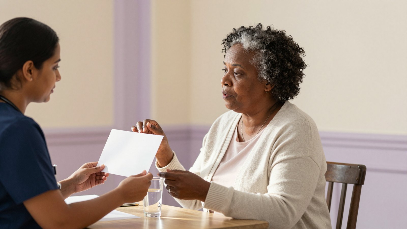 A speech therapist holds up a card for an older woman at her dining table as she practices a word